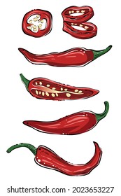 Chili pepper set, hand drawn color vector