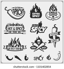 Chili pepper set. Pepper icons, emblems and design elements.
