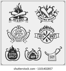 Chili pepper set. Pepper icons, emblems and design elements.
