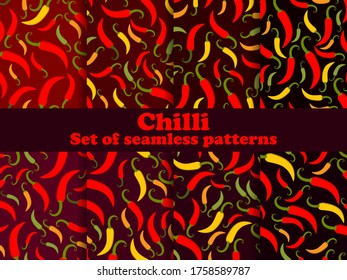 Chili pepper set of seamless patterns. Spice that piquants dishes. Background for menu, print advertising products, wrapping paper and banners. Vector illustration