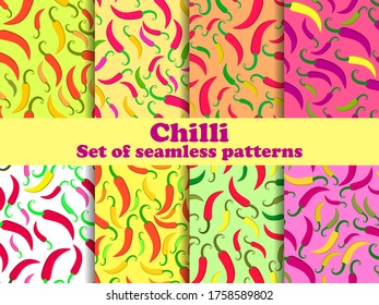 Chili pepper set of seamless patterns. Spice that piquants dishes. Background for menu, print advertising products, wrapping paper and banners. Vector illustration