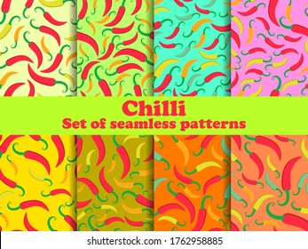 Chili pepper set of seamless patterns. Spice that piquants dishes. Background for menu, print advertising products, wrapping paper and banners. Vector illustration