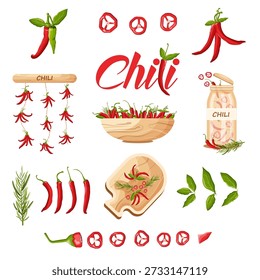 A chili pepper set. A sprig, a bunch of hot peppers, a storage jar, a plate, and a cutting board. Red, hot peppers for eating and cooking.