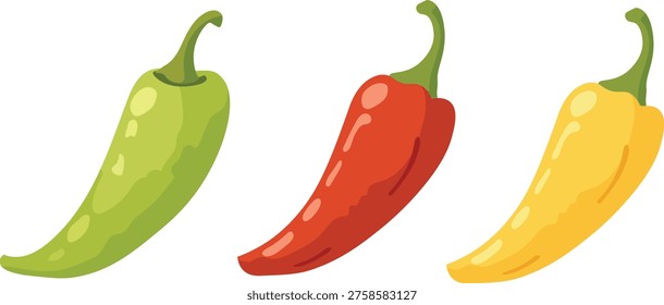 Chili Pepper Set in Three Colors, Spicy Food Illustration Collection