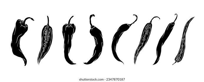 Chili pepper silhouette set. Vector graphics.