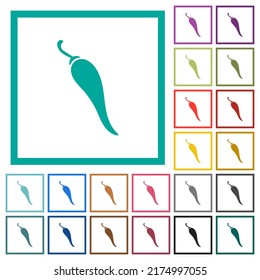 Chili pepper solid flat color icons with quadrant frames on white background