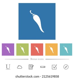 Chili pepper solid flat white icons in square backgrounds. 6 bonus icons included.