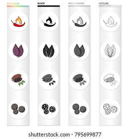 Chili pepper, spice basil, coffee beans, black pepper. Spices set collection icons in cartoon black monochrome outline style vector symbol stock illustration web.