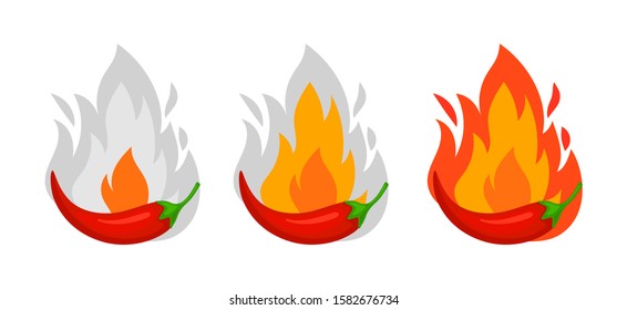 Chili pepper spice levels. Marking dishes for restaurant or cafe. Asian cuisine, hot red peppers on fire vector set