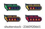 Chili pepper spicy food level icon collection, mild, medium hot and hell level. Hot spicy level vector labels of spice food and sauce taste scale. Spice taste fastfood labels. Vector illustration