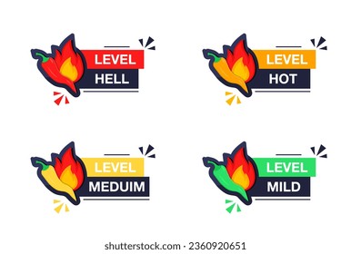 Chili Pfeffer würzig Level Icon Set. Heiße Pfefferfestigkeitsskala mit leichter, mittlerer, heiser und heller Lage. scharfe, würzige Vektor-Etiketten von Gewürz- und Sauce-Geschmacksskala. Vektorgrafik