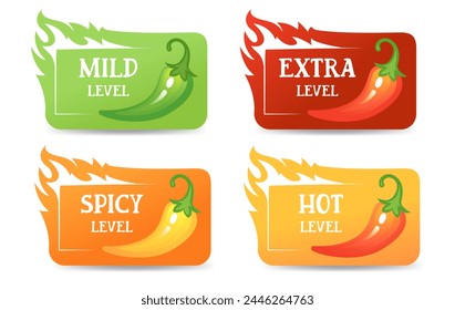 Chili pepper spicy level icon, mild, medium hot and hell level.