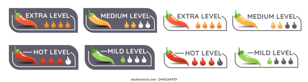 Chili pepper spicy level icon, mild, medium hot and hell level.