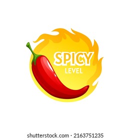 Chili pepper spicy level scale, red long pepper on yellow burning flame isolated flat cartoon vegetable with fire label. Vector flavoring seasoning condiment, scale of flavor of spicy vegetarian food