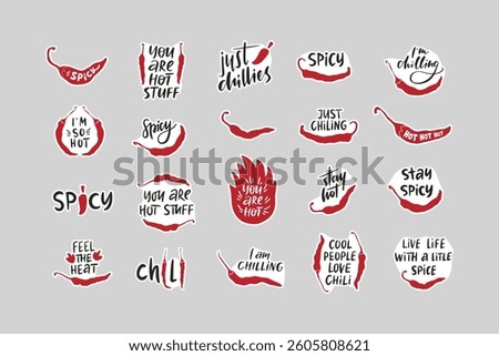 Chili pepper stickers flat vector illustration. Phrases with hand drawing lettering. Collection saying, quote with red spicy hot mexican vegetable chile.