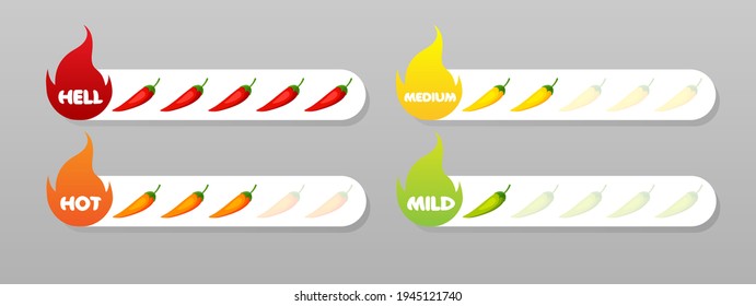 Chili pepper strength scale indicator. Mild, medium, hot and hell level. Vector illustration isolated. Infographic design template.