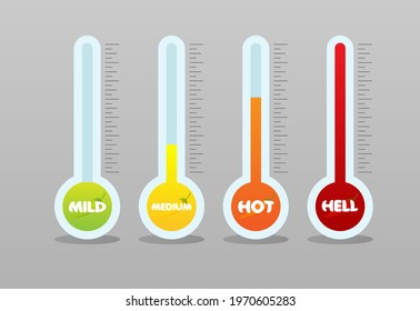 Chili pepper strength scale indicator. Mild, medium, hot and hell level. Vector illustration isolated. Infographic design template.