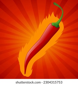 Pimienta chilli rodeada de llama en medio de rayos circulares anaranjados y rojos