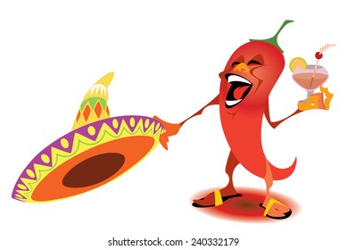 Chili pepper with tequila and sombrero