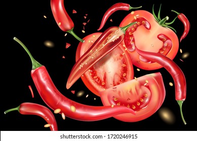Chili pepper with chili, tomatoes splashing elements design on solid color background. Vector realistic in 3D illustration.