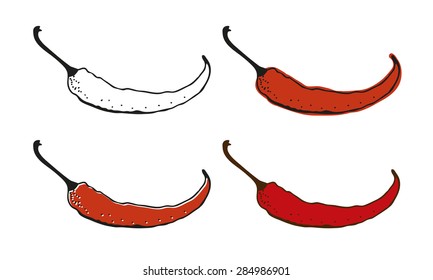 Chili pepper vector illustration, hand drawn set isolated on white background