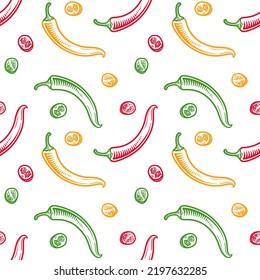 Chili pepper, vector illustration. Seamless pattern with pepper.