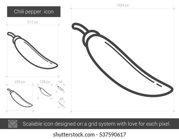 Chilischoten, Vektorsymbol einzeln auf weißem Hintergrund. Chili Pfeffer Line Symbol für Infografik, Website oder App. Skalierbares Symbol, das auf einem Gittersystem entworfen wurde.