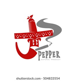 chili pepper vector logo illustration, isolated on white background. Hot and spice chili pepper logo, mexican cuisine, sombrero and cigar
