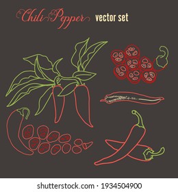 Chili pepper vector set. Pepper on a branch, a pod in a section, ground paprika, slices of chopped red pepper. Color illustration in lines on a brown background.