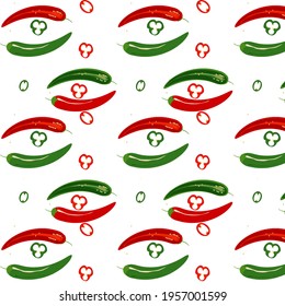 Chili pepper vector template. On white background. Green and red. Seeds.