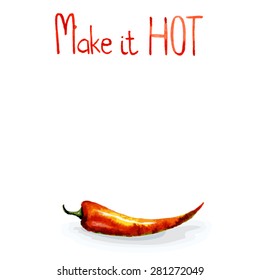 Chili pepper vector watercolor illustration. Spicy food illustration. Love letter. Make it hot. You can use it like a template for menu, decoration for restaurant, post card. 