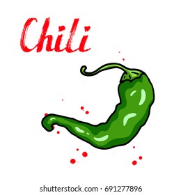 Chili pepper vegetable. Hand drawn sketch doodle vector illustration. Outline. Isolated. Cartoon illustration for market, cafe, menu, vegan shop, design greeting cards, poster, package. Healthy food