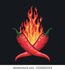 Chili pepper vintage flyer colorful with fire to add to food and giving burning taste vector illustration