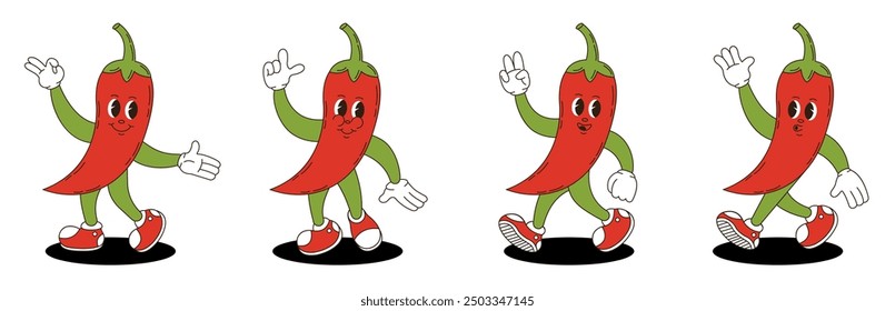 Chili pepperin retro groovy style. Groovy retro characters of chili pepper.