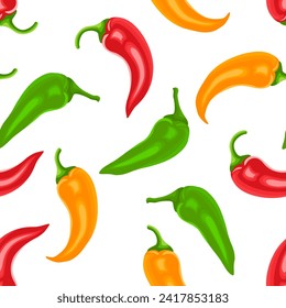 Pimientos de chile de fondo. Patrón vectorial sin fisuras con pimientos de chile amarillos, rojos y verdes aislados en blanco.  Dibujo plano de caricatura de especias picantes. 