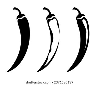 Chili peppers. Black silhouettes of chili peppers isolated on a white background. Set of vector illustrations. Handmade illustration, not Ai