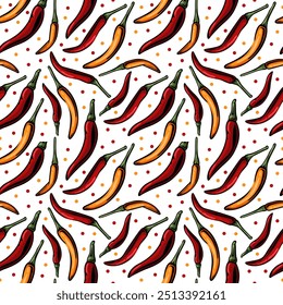 Chili peppers in flat style. engraved style with yellow and red colors. Seamless pattern for kitchens, cafes, clothes and more. Vector illustration in white background.