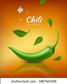 Chili peppers green fresh and leaves, flower chili realistic design, on yellow orange background, Eps 10 vector illustration