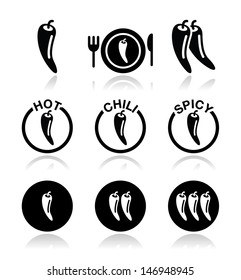 Chili peppers, hot and spicy food icons set