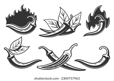 Chili peppers icons set isolated on white background. Vector illustration