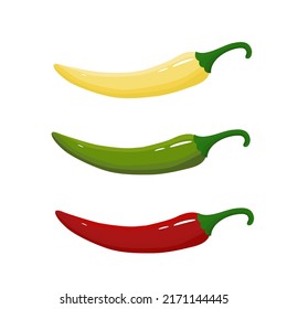 Chili peppers icons set. Yellow,green,red chili peppers on white background. Fresh spices. Illustration for design and print