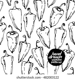 Chili peppers ink sketches seamless pattern.