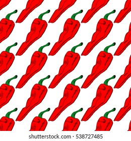 Chili peppers ink sketches seamless pattern. Vector background