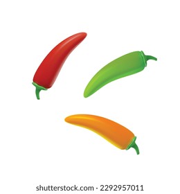 Chili peppers and jalapeno in 3d style, vector illustration isolated on white background. Red, green and yellow hot peppers. Realistic cayenne pepper. Mexican food concept.