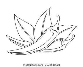 Chili peppers with leaves line isolated on white background. Simple vegetable silhouette. Hand drawn chili peppers outline. Vector illustration