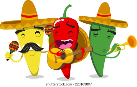 Chili Peppers as Mariachi Mexican Musicians vector illustration.