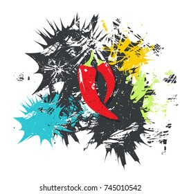 Chili peppers on white background with color spots. Grunge vector illustration