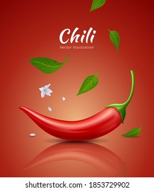 Chili peppers red fresh and leaves, flower chili realistic design, on red background, Eps 10 vector illustration