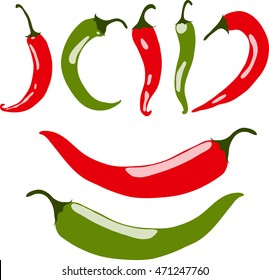 Chili peppers, red and green, vector illustration, isolated, on white background.