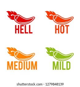 Chili peppers scale hell, hot, medium and mild icons. Eps10 Vector.